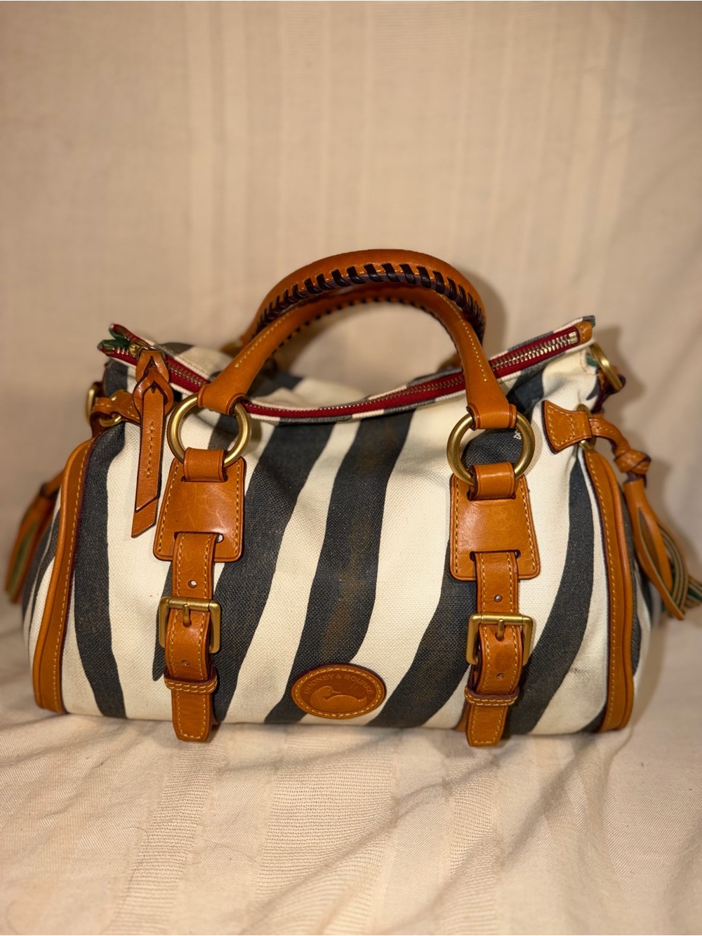 Dooney & Bourke Black and White Zebra Canvas Satchel with Tan Leather Accents